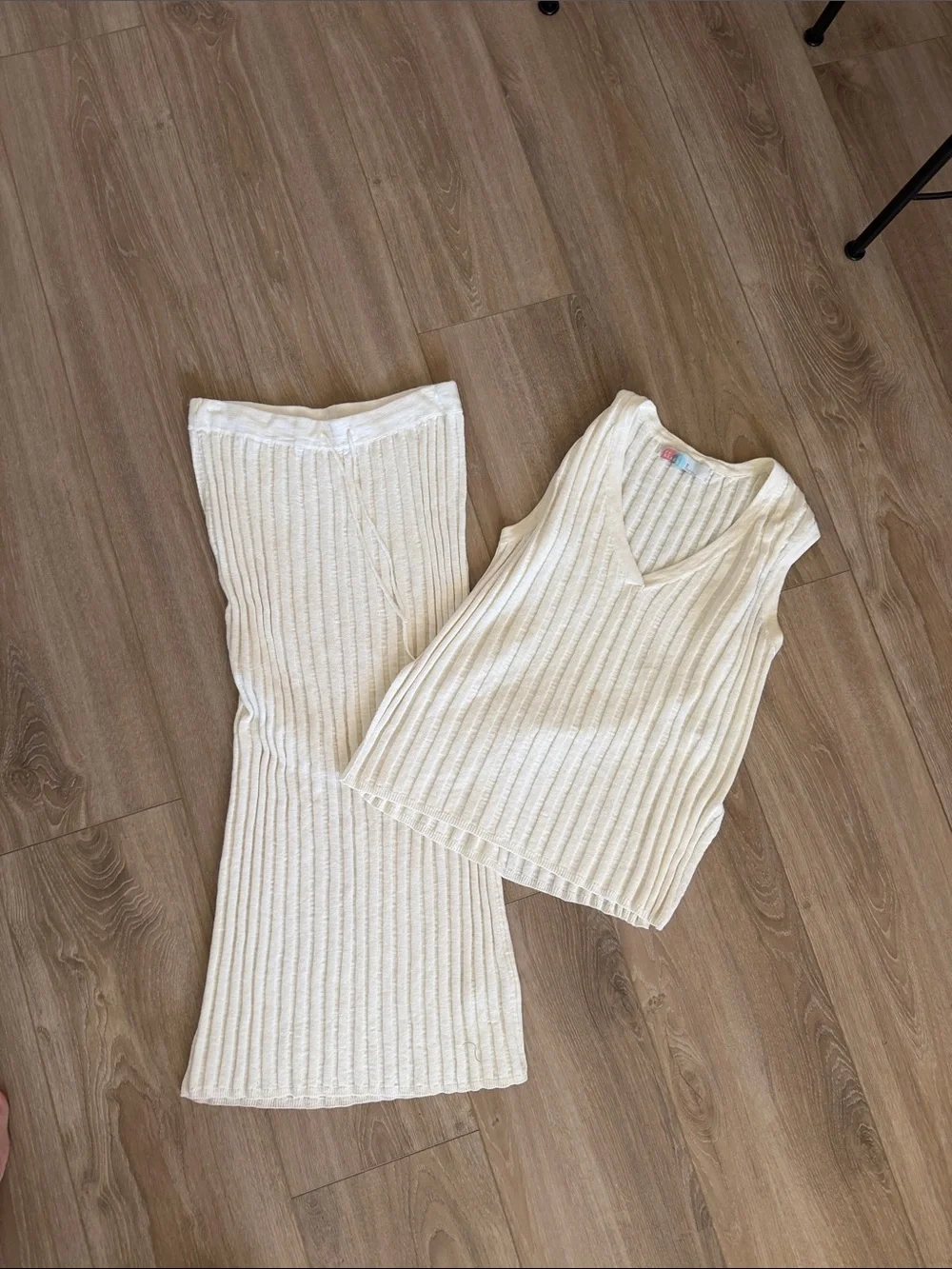 Free People Cream Ribbed Knit Skirt Set - Sleeveless V-Neck Top & Maxi Skirt